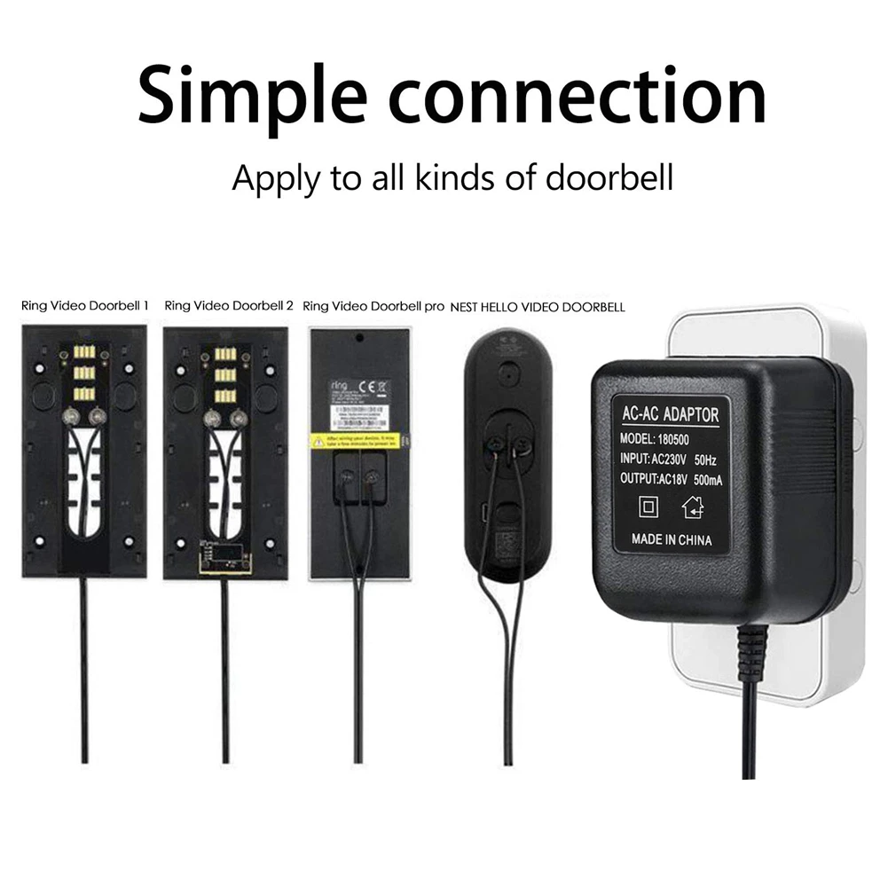 Adaptateur d'alimentation de sonnette AC avec câble de 10m, compatible avec la sonnette annulaire, vidéo, prise UE, 18V, 500MA