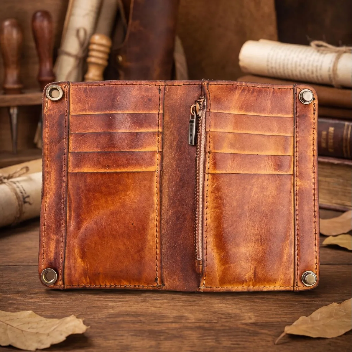 First Layer Vegetable Tanned Leather Wallet Retro Style Male Long Multi-card Multi-function Wallet Card Bag Male Mini Purse