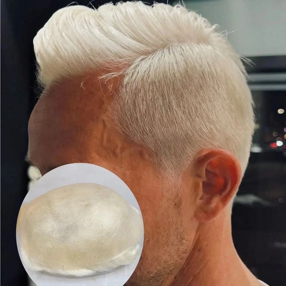 

Durable 0.06mm Thin Skin 60R# White Platinum Grey Men Toupee Old Man Ombre Blonde Wig Natural Hairpiece Vloop HumanHair System