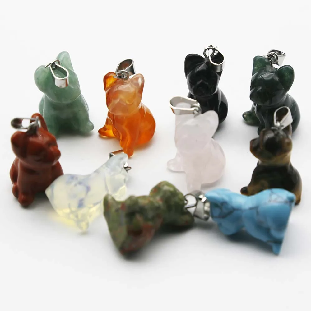 Natural Stone Carved Puppy Necklace Pendants Delicate Sweater Chain Decoration Fashion Charms Jewelry Accessories Wholesale 4Pcs