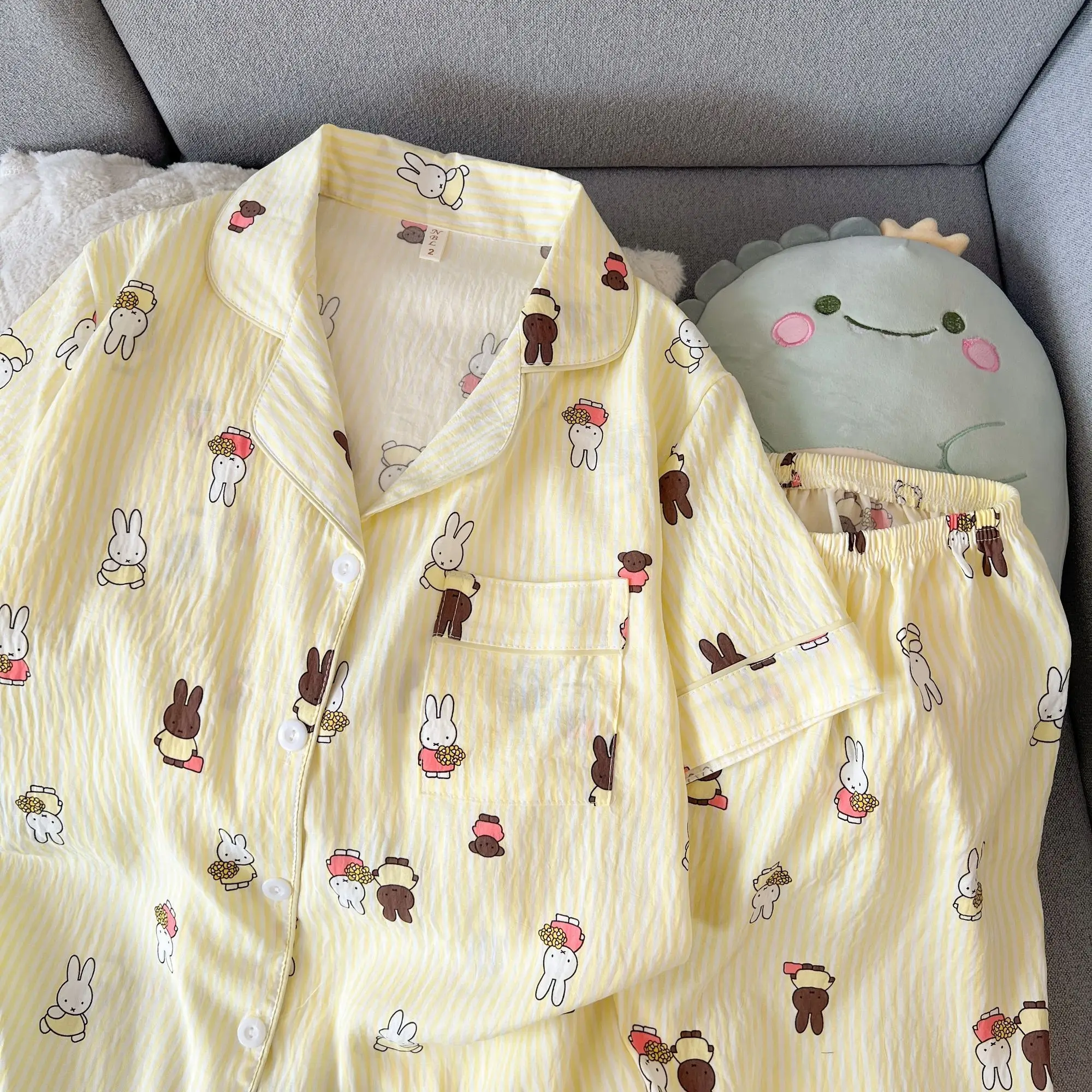 Kawaii Miffy Pajamas Female Summer New Style Cartoon Cardigan Cool Cool Feeling Yunduo Cotton Cute Leisure Lounge Clothes Suit