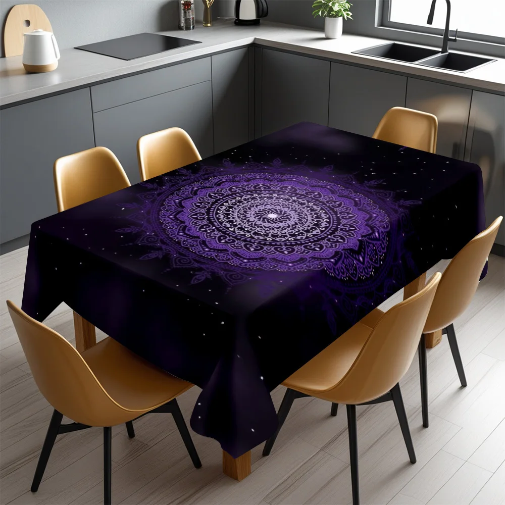 Elegant Purple Mandala Galaxy Tablecloth Waterproof Spillproof Dining Table Cover for Home Decor