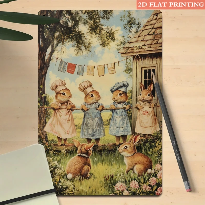 Vintage Hasenfamilie Metallschild Eisen 20x30cm Retro Bauernhaus Wanddekoration Plakette Veranda Terrasse Kunstposter Blechschild