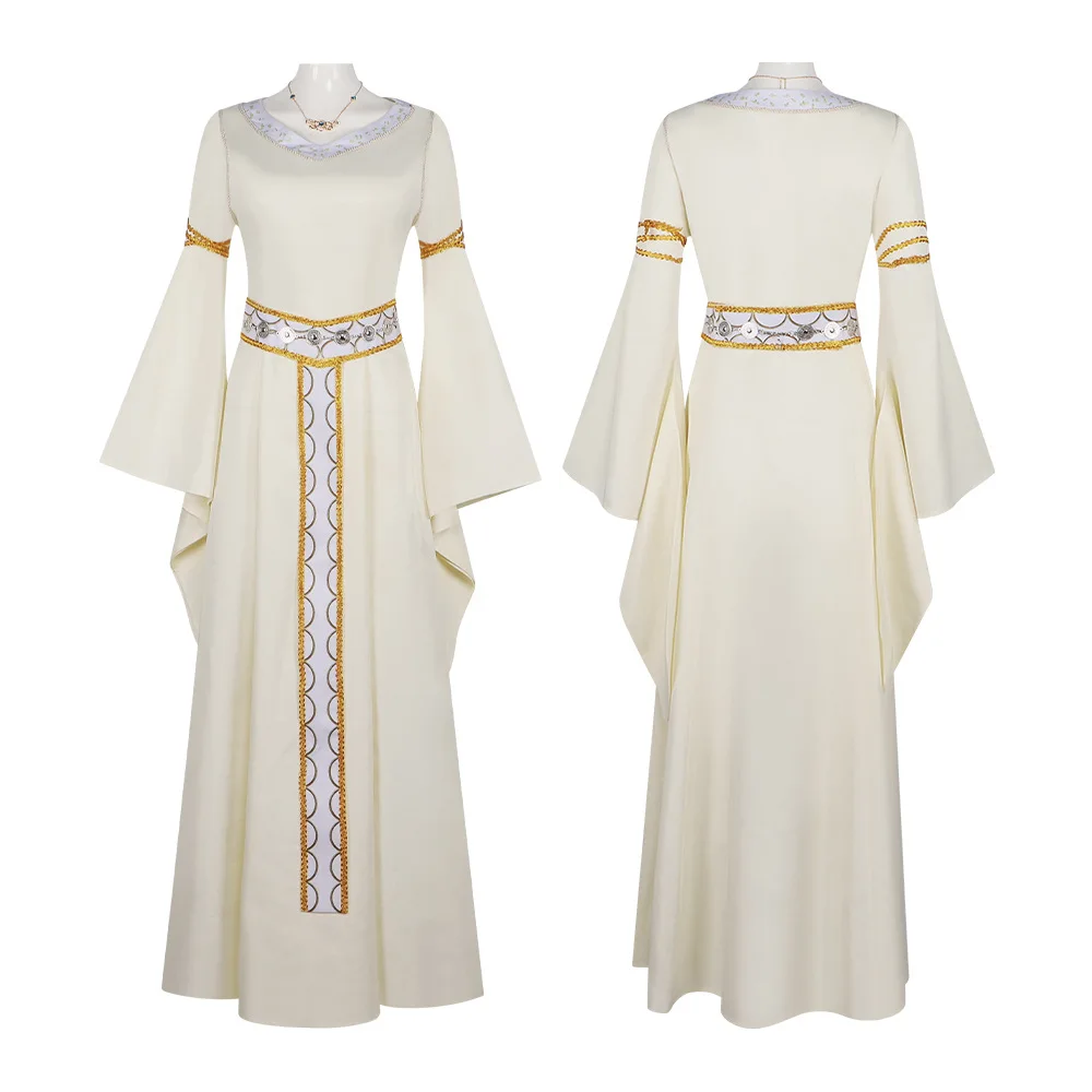 فستان نسائي من فيلم Eowyn التنكري للهالوين من الصوف الأبيض مع ملحقات للحفلات الكرنفالية أو ملابس المسرح