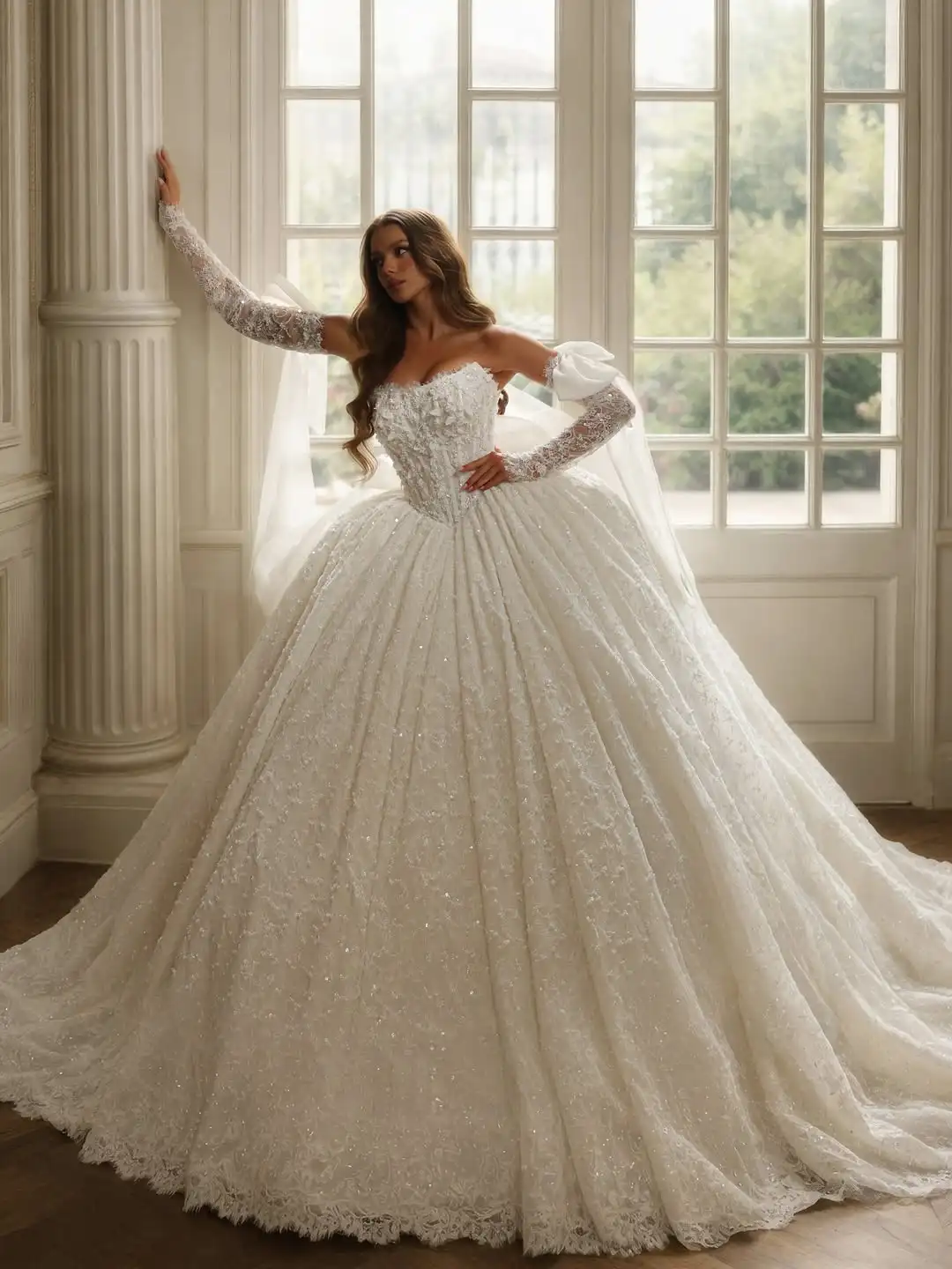 Luxury Sweetheart Full Lace Ball Dress Wedding Dress Detachable Lace Sleeves A-line Retro Bride Dress Customized image 4