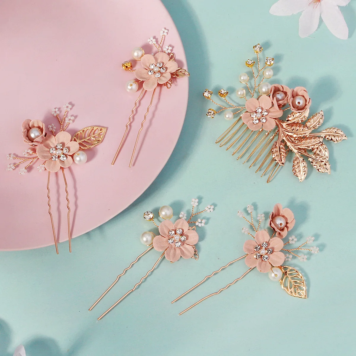 

Модные розовые расчески для волос, 5 шт./компл., элегантные цветочные свадебные заколки для волос, нежная заколка для волос с жемчугом и бисером для женщин, свадебные аксессуары для волос
