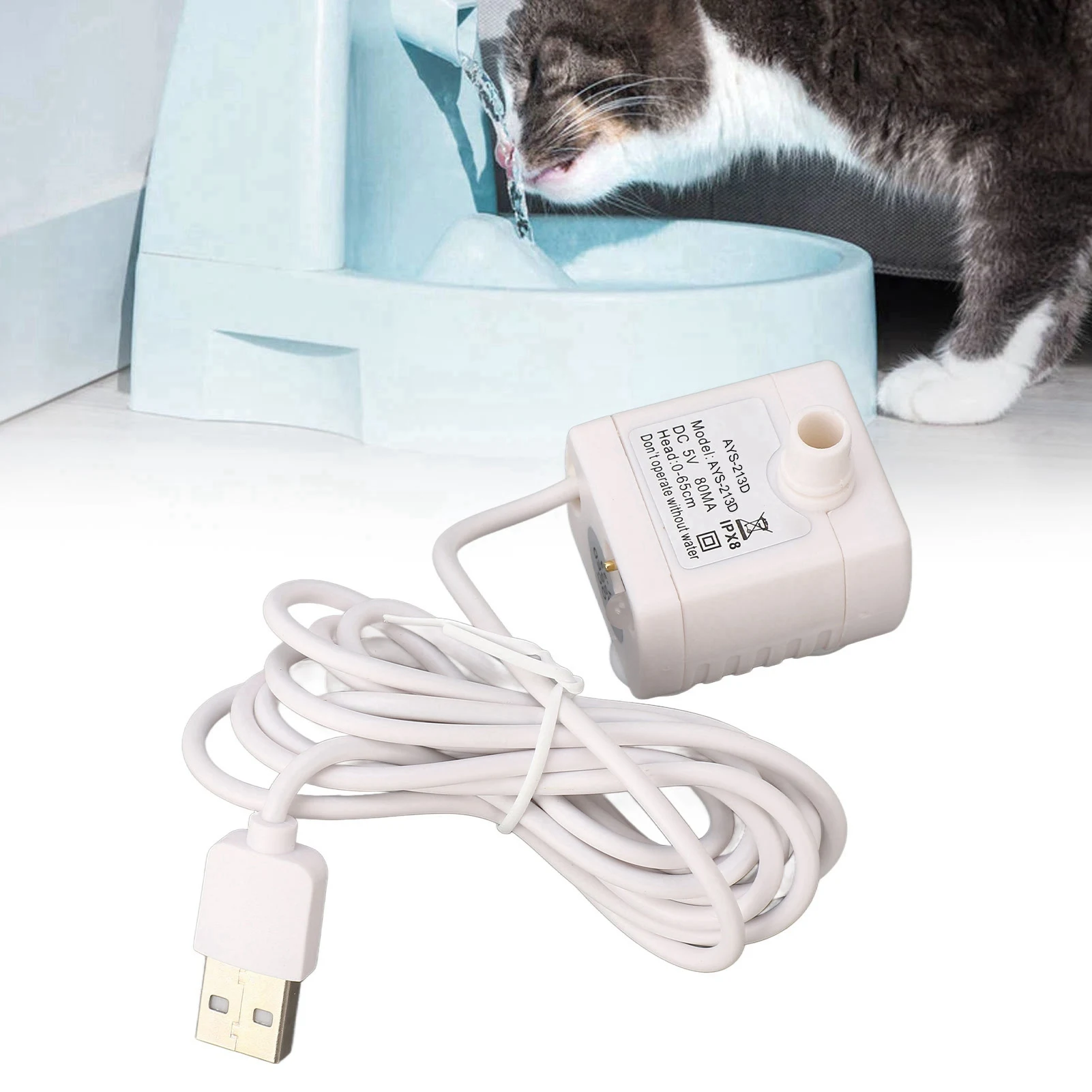 USB-betriebene Haustier-Wasserbrunnenpumpe, Mini-Wasserspenderpumpe für Katzen, leiser Betrieb für Katzen, einstellbarer Durchfluss, einfache Installation