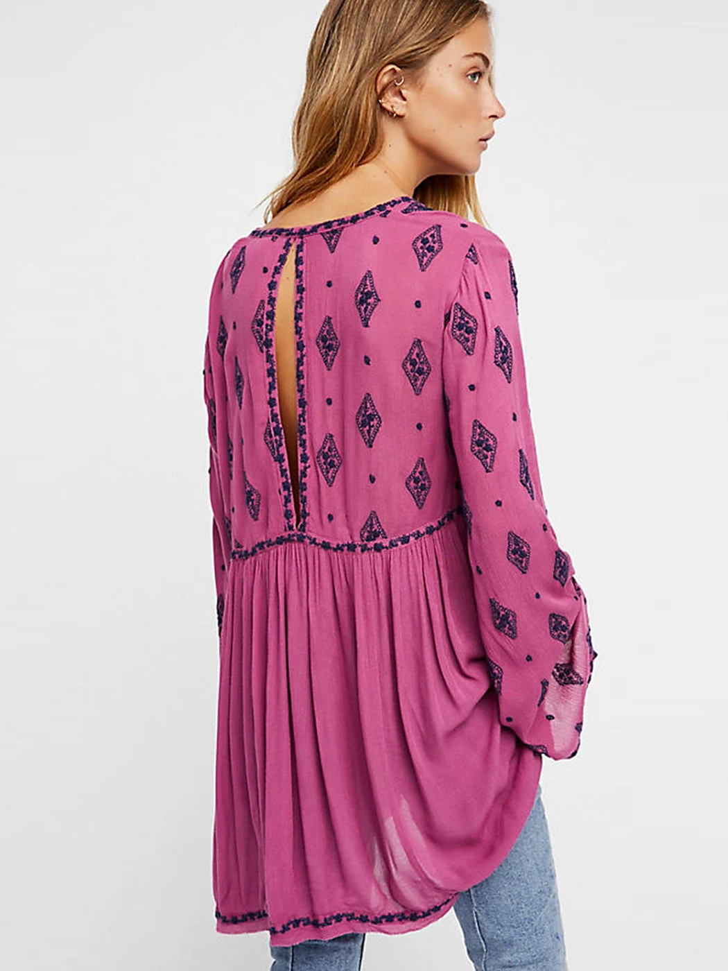 Jastie V-Neck Long Sleeve Spring Summer Shirt Blouse Women Diamond Embroidered Top Blusa Big Hem Casual Beach Top Shirts Blouses