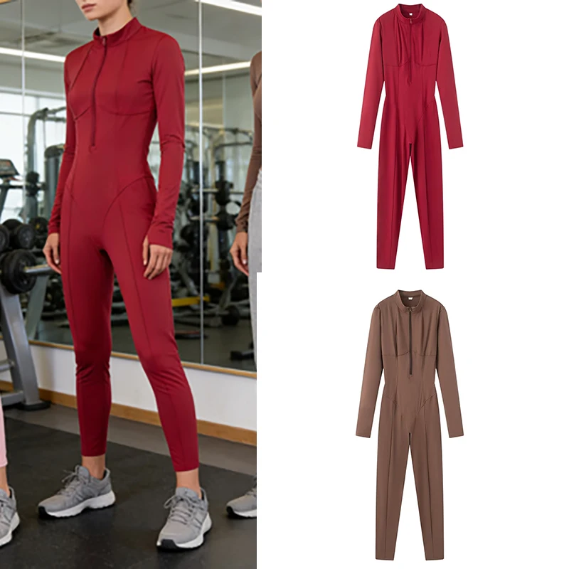 

Женский розовый/бордовый/коричневый комбинезон с длинными рукавами и высоким воротником на молнии спереди, облегающий повседневный боди полной длины