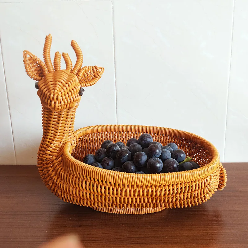 Rattan Woven Fruit Basket Cute Shape Fruit Bowls Tray Vegetable Snack Basket Novelty Animal Shaped Home Decor Organizer Handmade