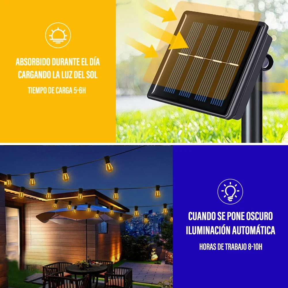 Guirnalda de luces LED solares para exteriores, lámpara colgante de hadas, bombillas impermeables, decoración navideña para jardín y acampada