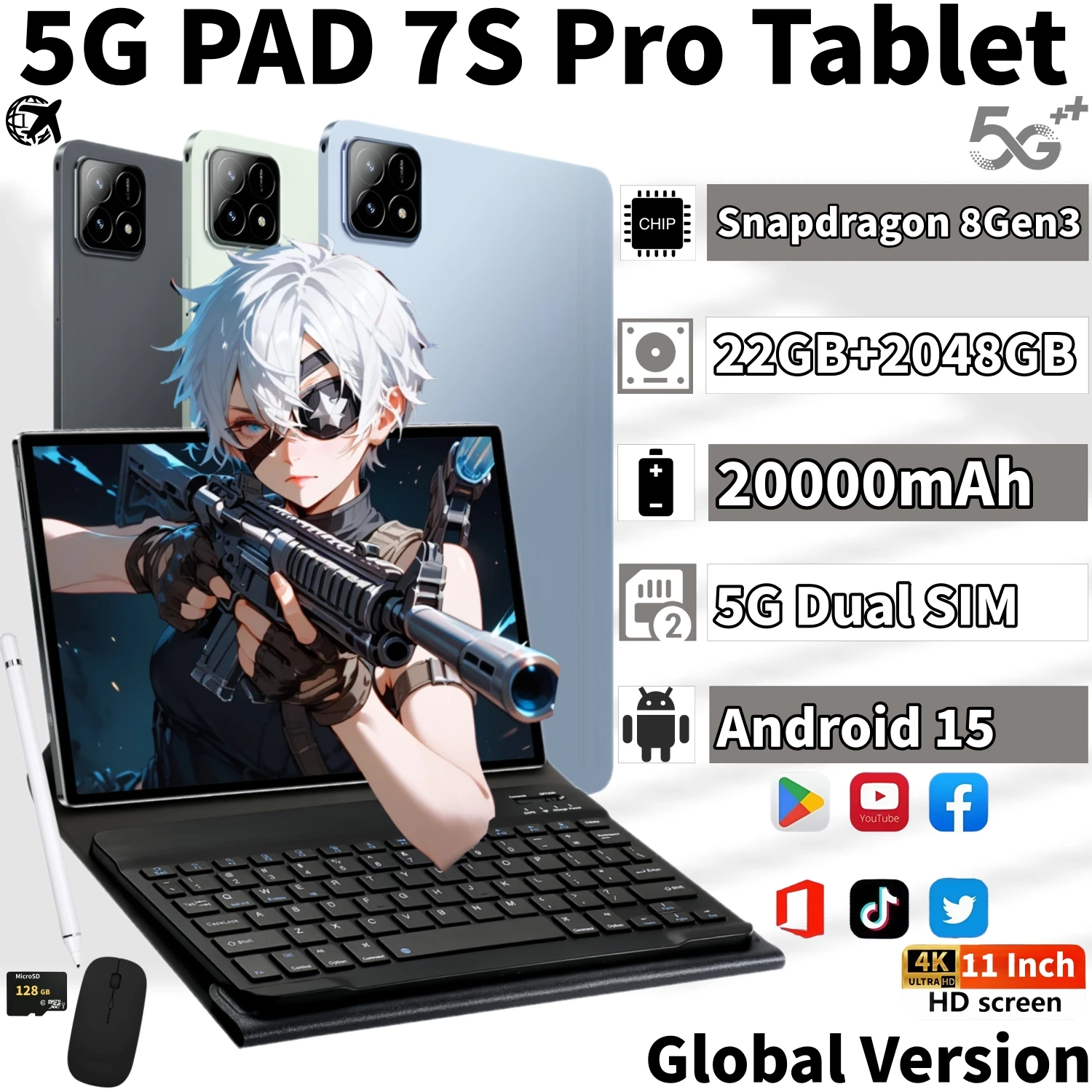 2025 Original PAD 7S Pro Snapdragon8GEN3 Android 15 tablette 11 pouces HD 22GB + 2024GB 20000 mAh 5G double SIM Bluetooth Wifi Tables PC