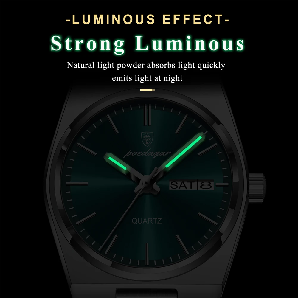 POEDAGAR Роскошные женские часы, женские элегантные кварцевые часы, водонепроницаемые светящиеся часы с датой и неделей, женские часы из нержавеющей стали