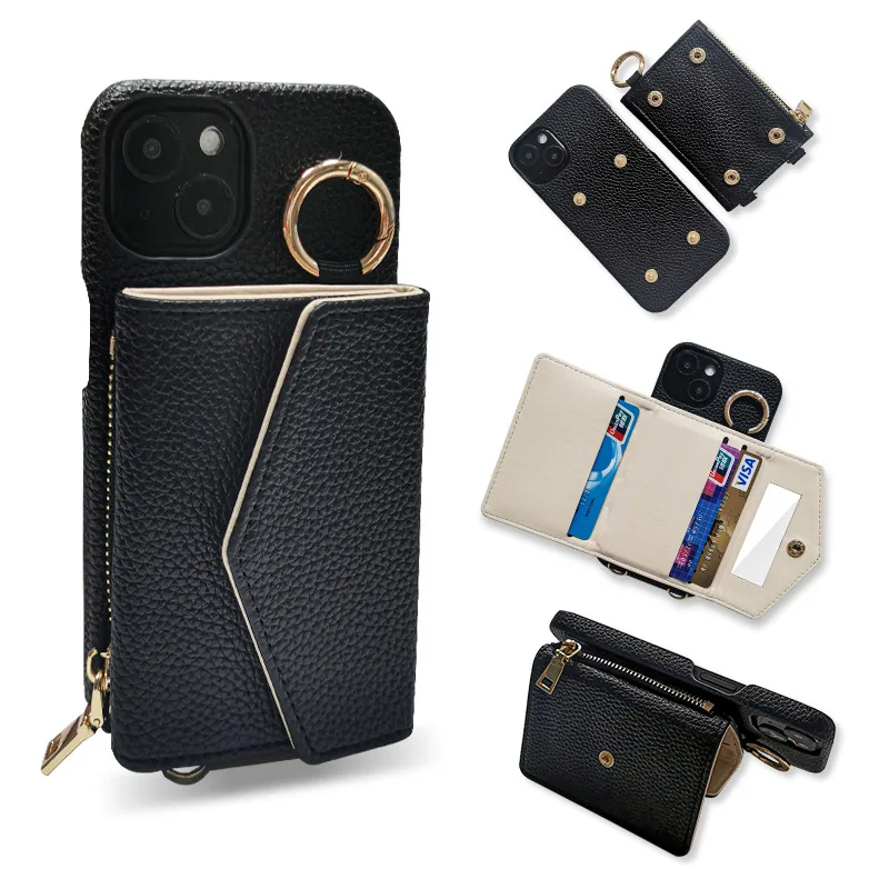 Crossboby Lanyard Leather Phone Case for IPhone 15 14 Plus 13 12 11 Pro Max Ring Wallet with Card Holder Fall Prevention Cover