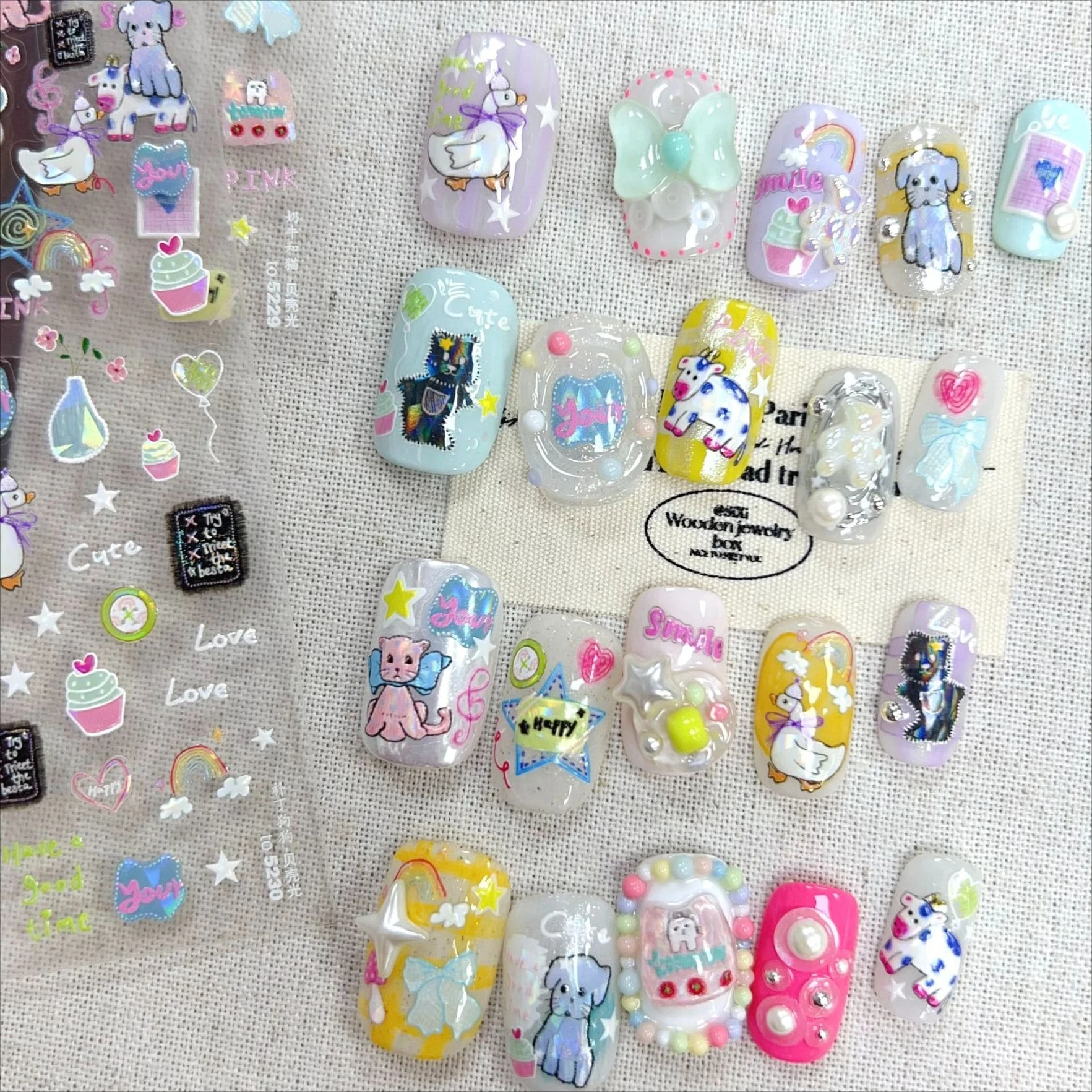 Patch cane mucca gatto bowknot nota stella cuore fungo anatra pulsante torta palloncino arcobaleno nuvola adesivi per nail art decalcomanie per manicure fai da te