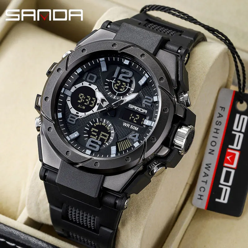 SANDA Top Brand Luxury G style Men\'s Military Sports Quartz Watch Waterproof LED Digital Dual Display Men Electronic Wrist watch