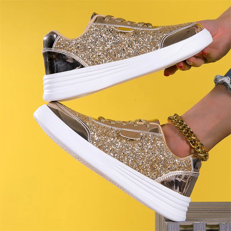 

Fashion Golden Women’s Skateboard Shoes Plus Size 42 Lace Up Shiny Shoes Women Casual Vulcanize Sneakers For Women zapatos mujer