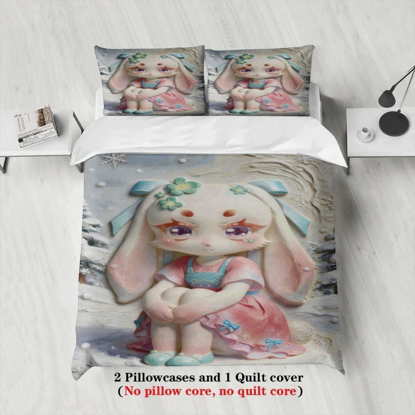 Softville Cozy Town 3PCS Bedding Sets Lop Rabbit Sitting On Ground Pint Duvet Cover No filling Cartoon Style Queen King Size