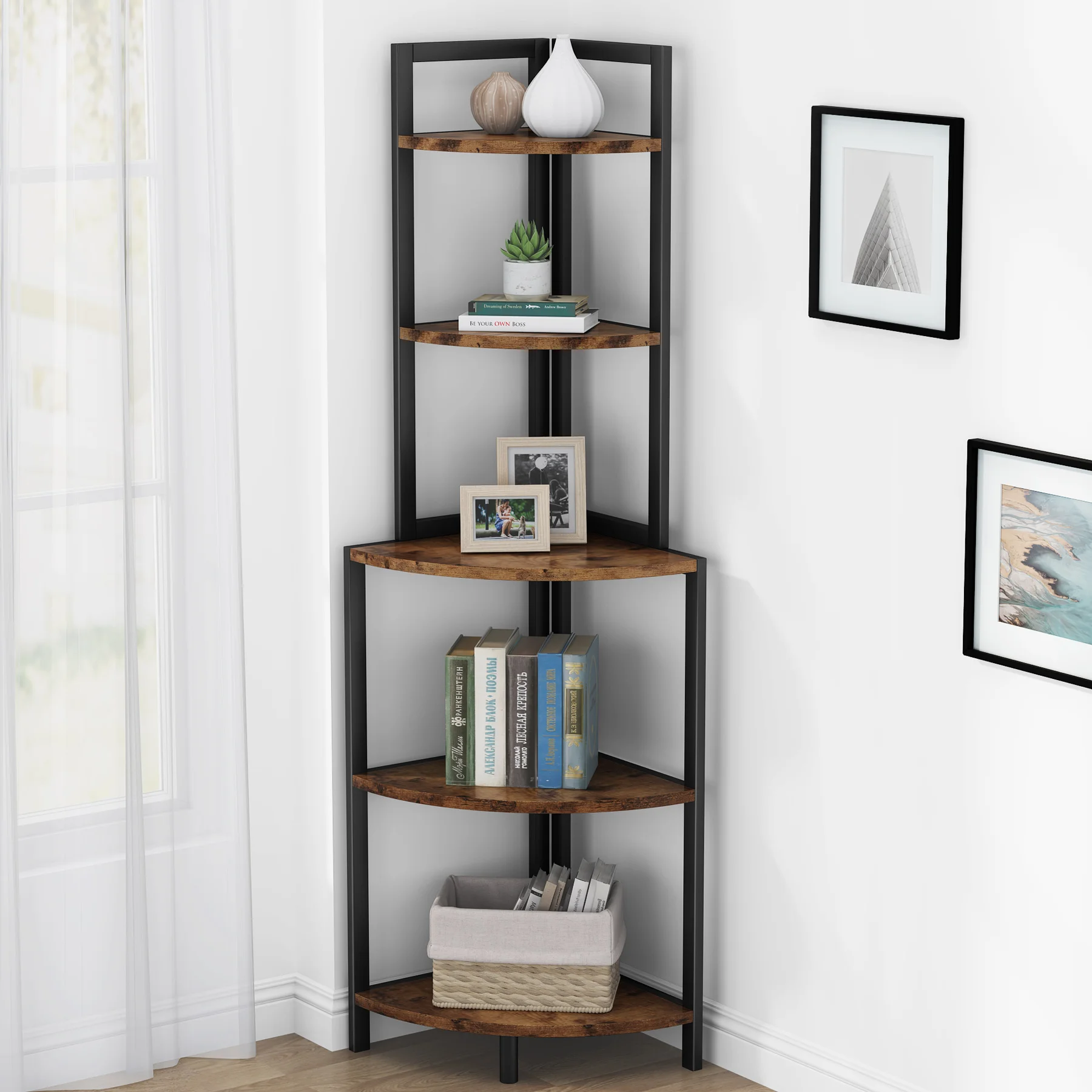 Tribesigns Stand Bookcase Bookshelf 5 Tier Corner Shelf Industrial Storage Display Shelving Rack Ladder Bookcase