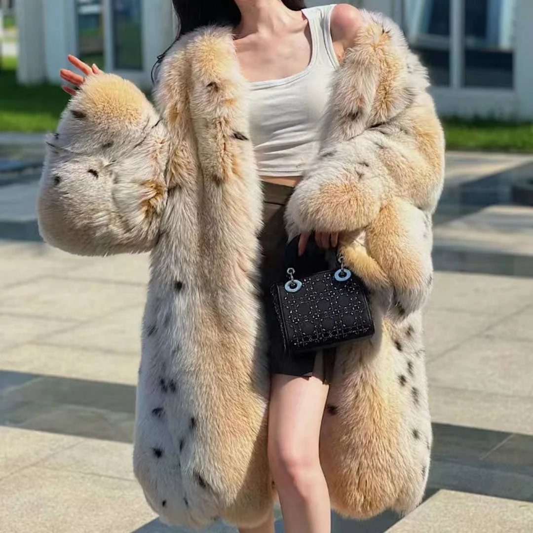 Women's Long Coat With Spotted Leopard Print & Imitation Lynx Color Fox Fur Trumpet Sleeves For Winter Casual Outerwear