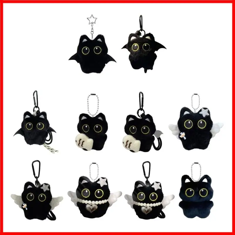 3XUA Plush Black Cats Keychain With Ghostly Wing Soft Bag Charm For Christmas Halloween Gifts