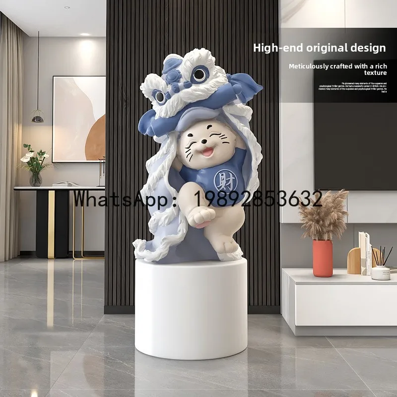 CZ Modern Living Room Large Floor Ornament National Trend Lion Awakening Fortune Cat Figurine Sofa TV Cabinet Side Entrance