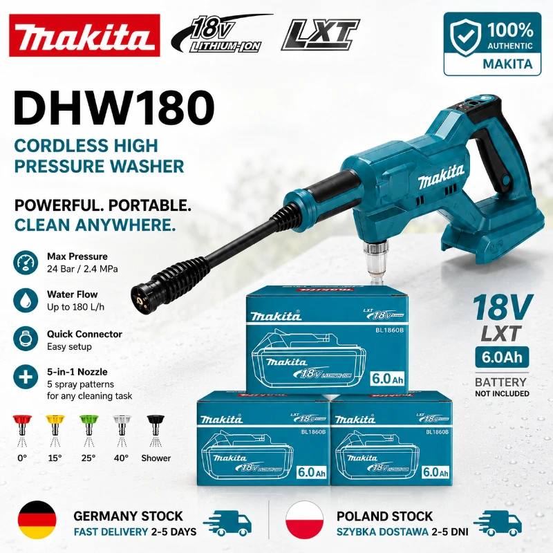 Image of Original Makita DHW180 18V Kabelloser Hochdruckreiniger Tragbarer Akku-Reiniger Drahtlose Wasserspritzpistole Autowaschgerät Garten Terrasse Außenreinigung Kompatibel mit Makita 18V LXT Akku BL1830