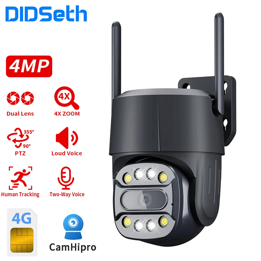 

DIDseth 4MP 4G LTE Security Camera Outdoor with SIM Card,IP66 Outdoor PTZ IP Camera Color Night Vision AI Person Recognition