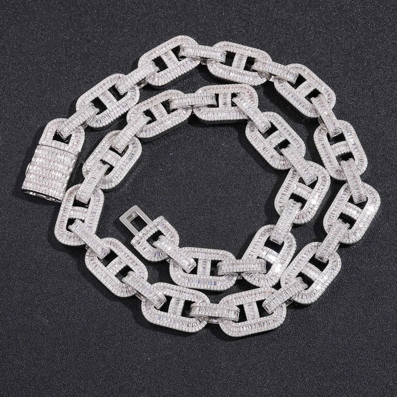 

15mm Baguette Cuban Chain Brass Iced Out Baguette CZ Link Chain Necklace Bracelet Hip Hop Jewelry Set