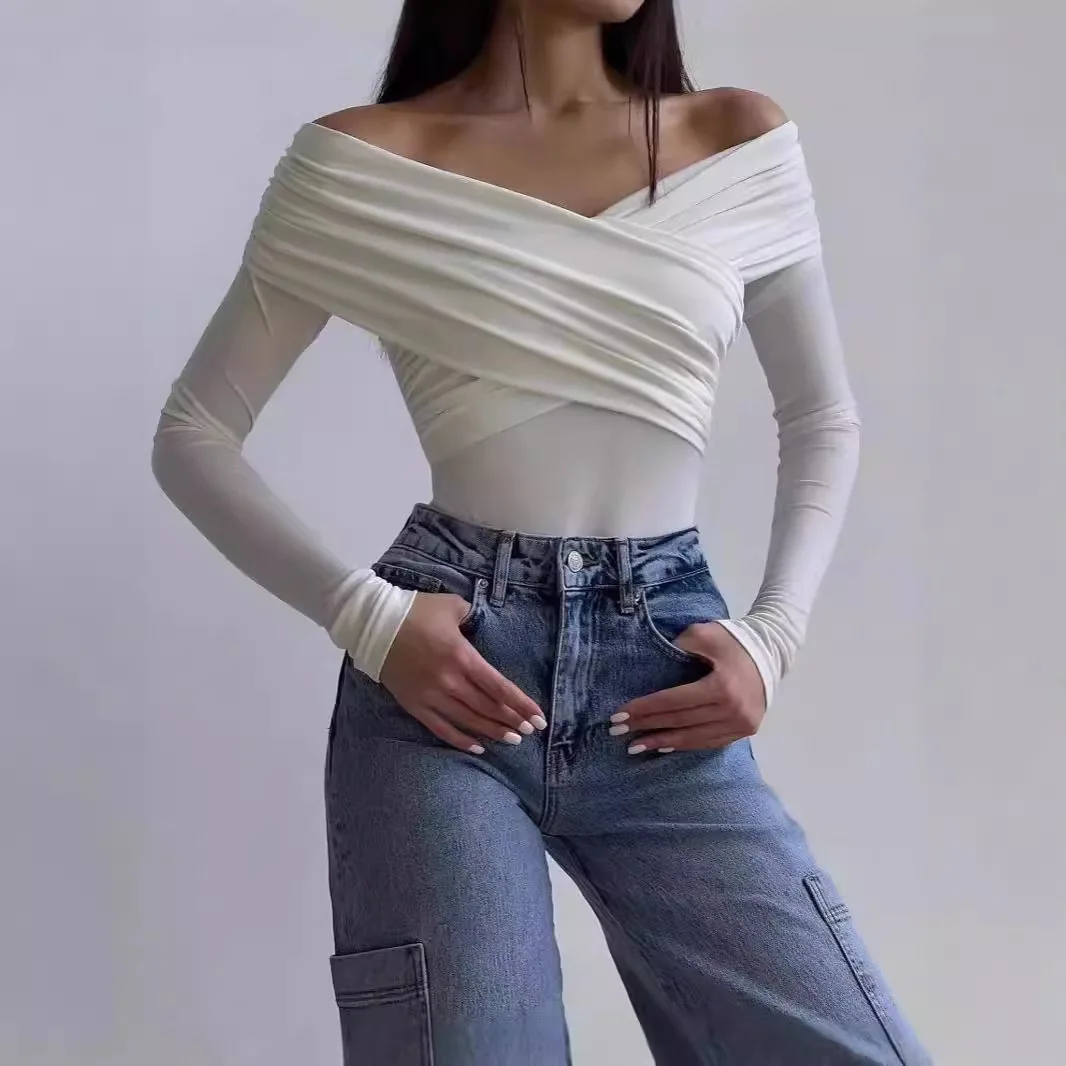 2025 Primavera e autunno Nuova tutina versatile aderente a maniche lunghe con scollo a V e spalle scoperte alla moda e sexy