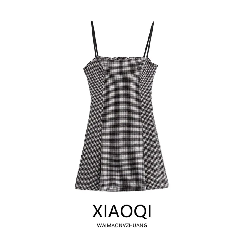 

Sweet Retro Summer Plaid Wrap Waist Strap Dr ature Sexy Sle without Sve Other Material Single Piece