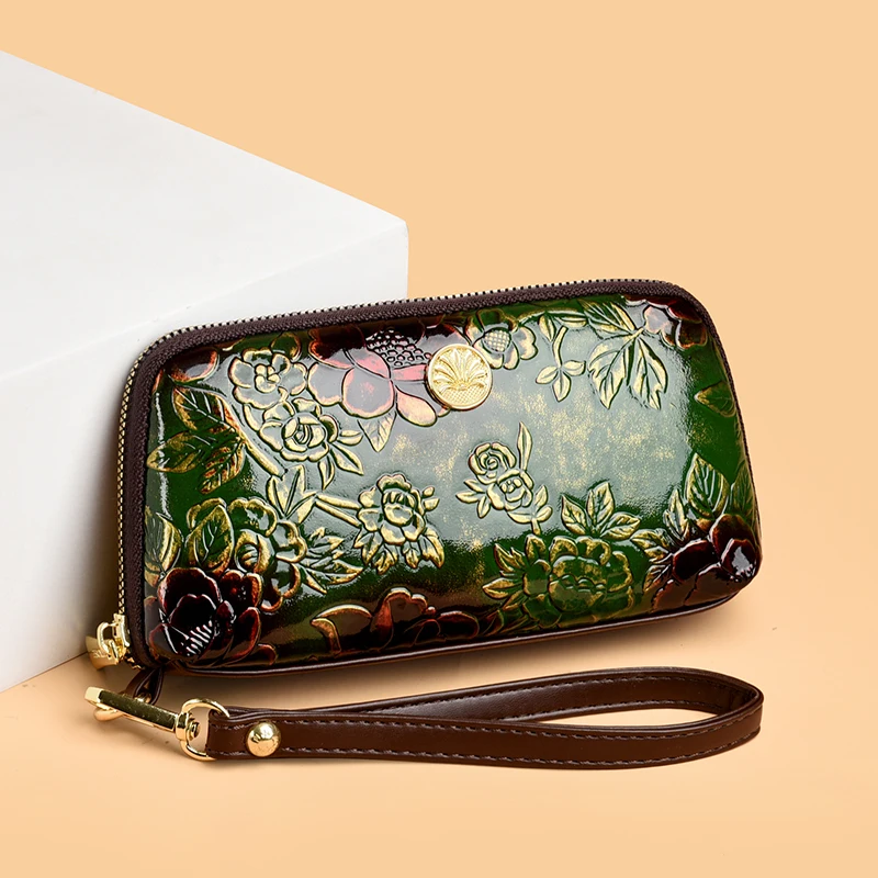 Vintage Burgundy Women's Long Wallet Exquisite PU Leather Zipper Purse Oriental Retro Style Clutch with Wrist Strap for Gift