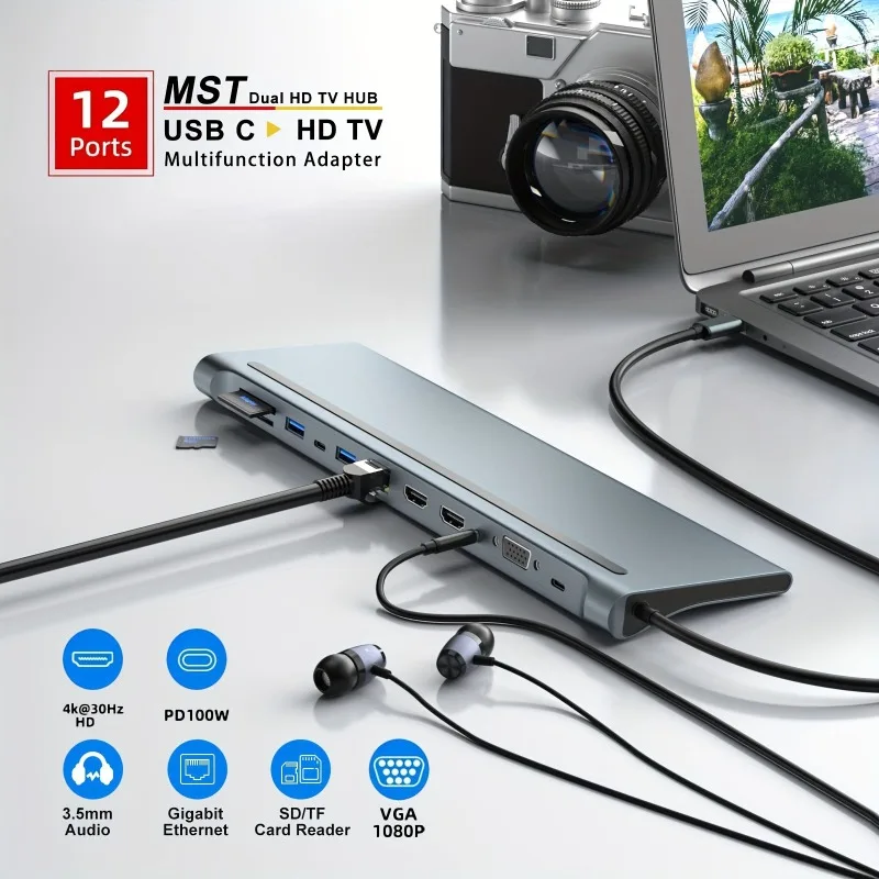 12-in-1 Type-C Dock USB C Hub USB3.0 Splitter Multiport Adapter 4K RJ45 SD TF VGA HDMI-compatible for MacBook Laptop iPad