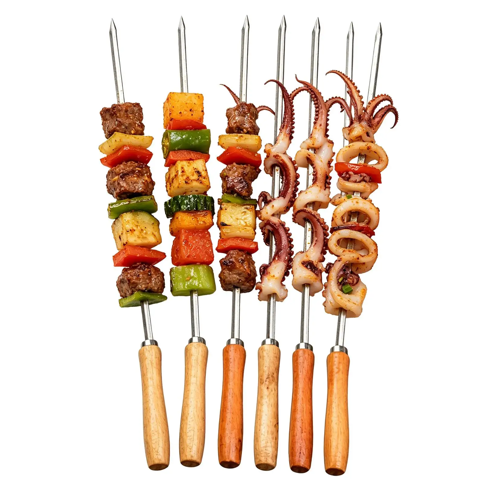 

6 Pieces Barbecue Kabob Sticks Extended Stainless Steel Barbecue Skewer Wooden Handle Grill Skewer 19.7-inch Flat BBQ Skewer