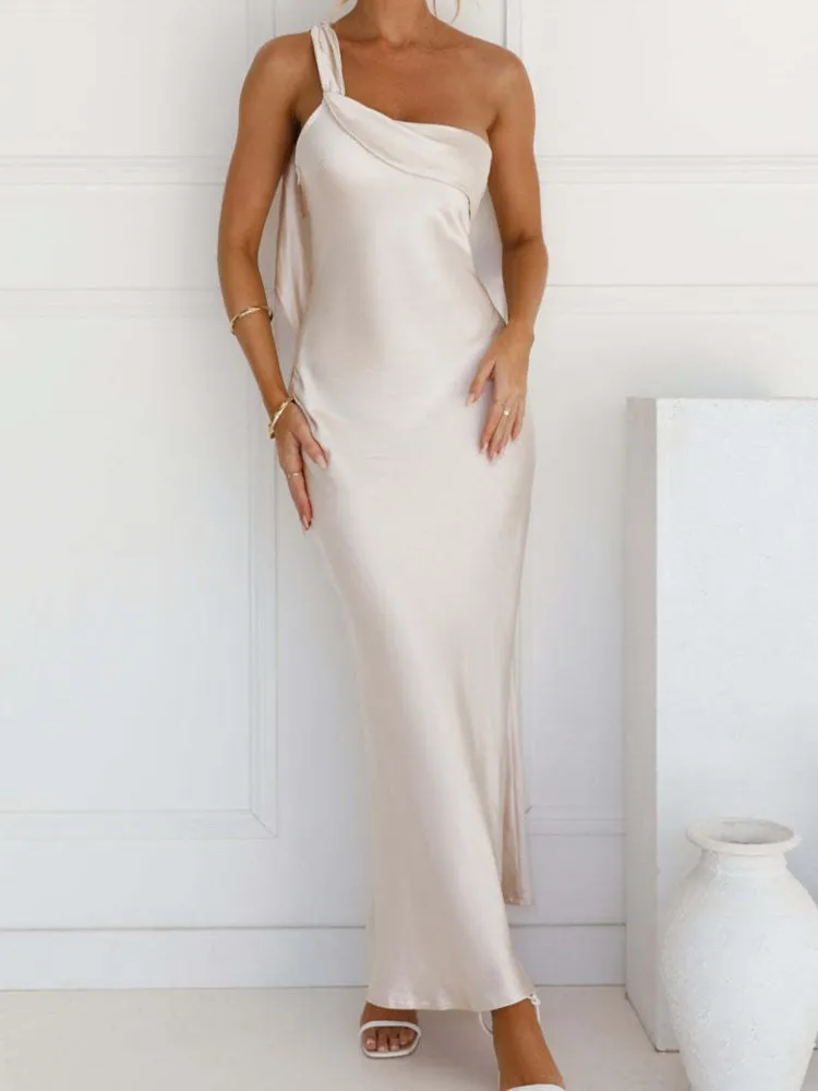 Sexy One Shoulder Backless Maxi Dress Women's Gown Solid Color Satin Skew Collar Sleeveless Thigh High Split Club Long Dresses
