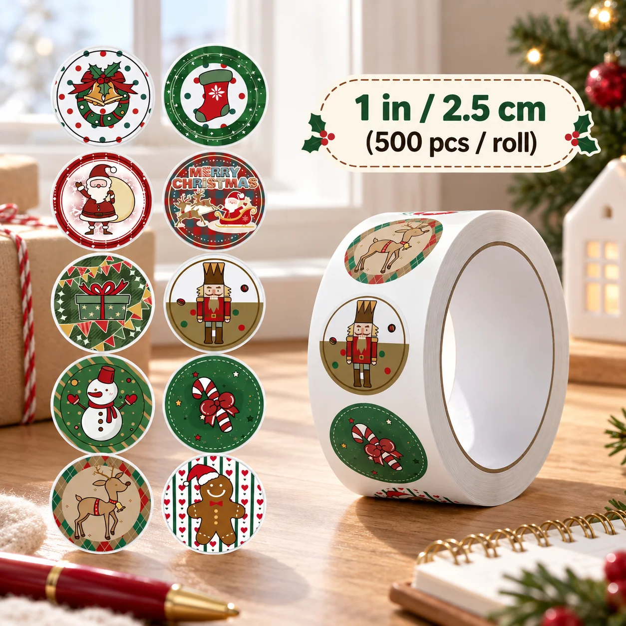 Christmas round sticker roll for gift wrapping, envelopes, cards, crafts, Santa snowman reindeer festive decor, gift tag