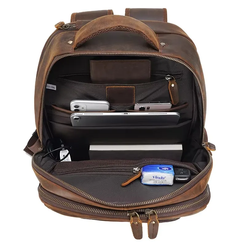 Vintage Rindsleder Laptop Computer Große Kapazität USB Crazy Horse Kuh Taschen MenBusiness Reise Echtes Leder Rucksack