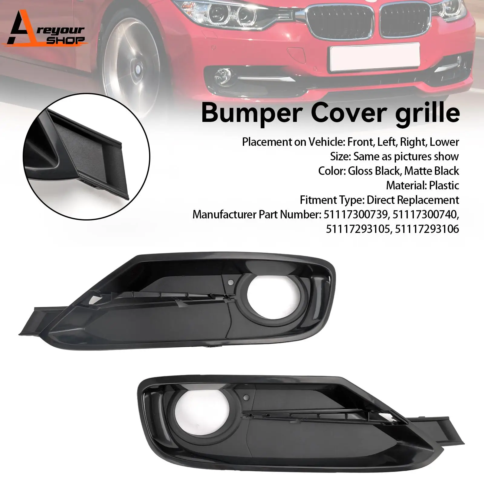 Areyourshop 2PCS Front Bumper Fog Light Grille Covers Fit BMW 3 Series F30 F31 2013-2015