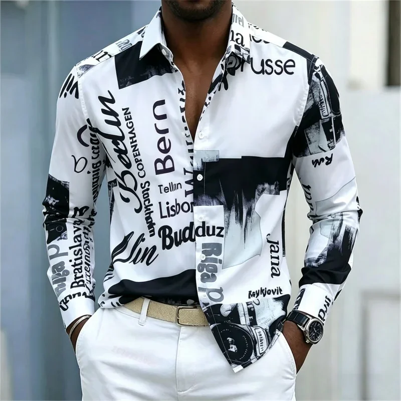 Camisa de manga larga estampada para hombre, corte ajustado con cuello, estilo casual urbano
