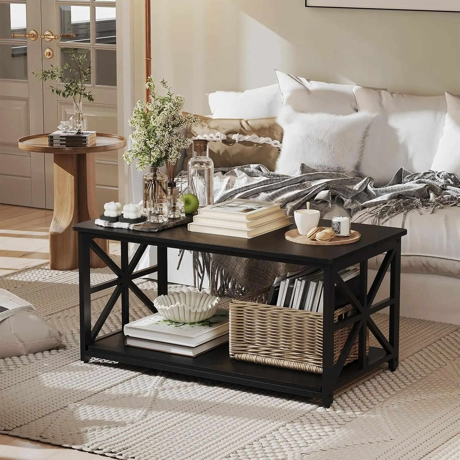 2-Tier Coffee Tables For Living Room, Center Table With Storage Shelf, Farmhouse Style Tea Table With X-Shaped Sturdy Frame,
