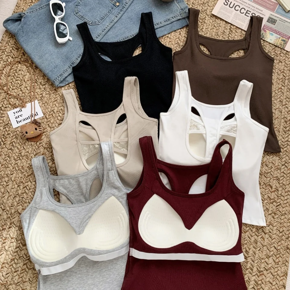 Summer New Sexy Lace Splicing Hollow out Strap Slimming Fixed Belt Chest Pad Versatile Outerwear Tank Top Women's Fashion