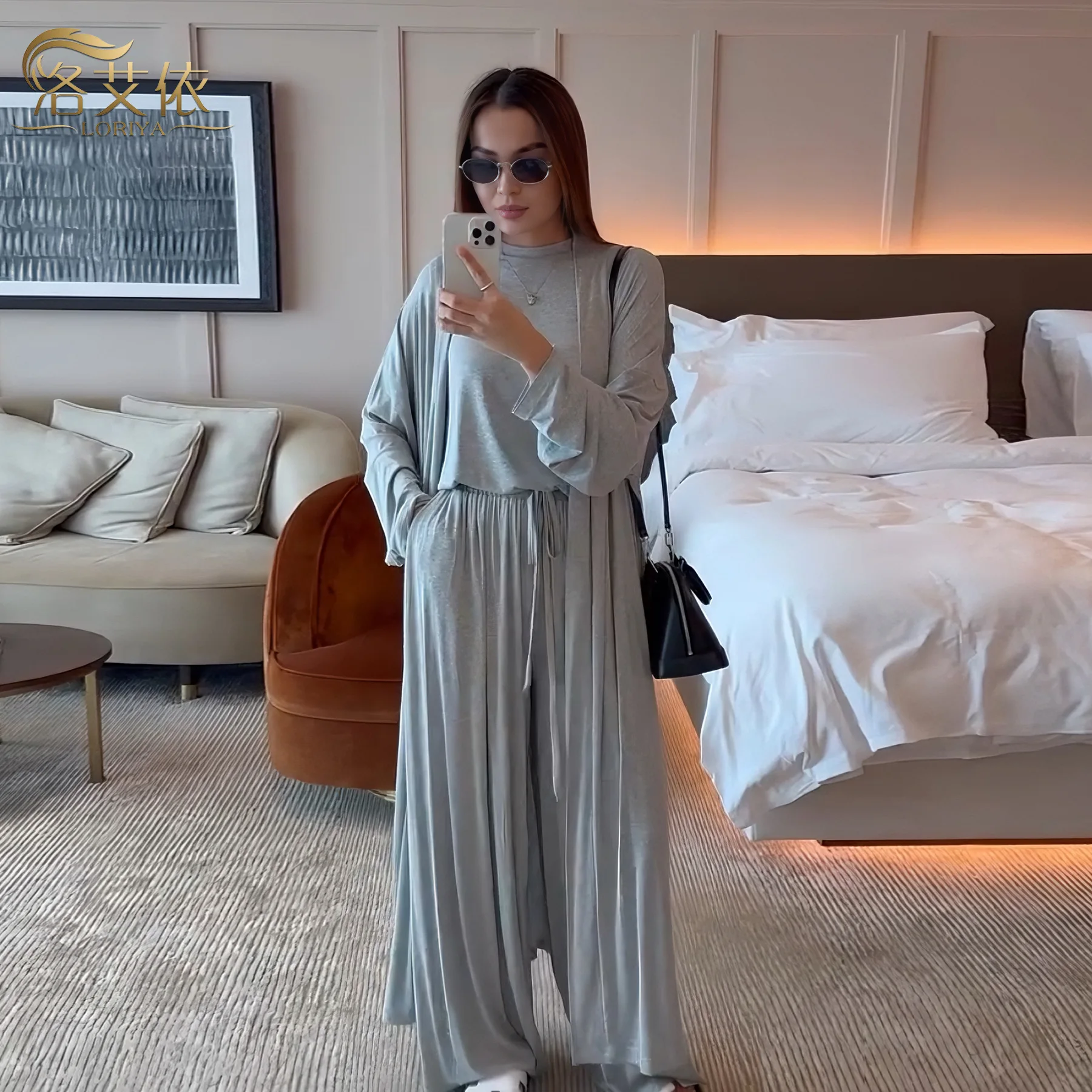 

Мусульманские комплекты Ид из 3 предметов для женщин, длинный кардиган, кимоно, топы, брюки, исламская одежда, Дубайский кафтан, костюм Абая, Femme Musulmane, ансамбли