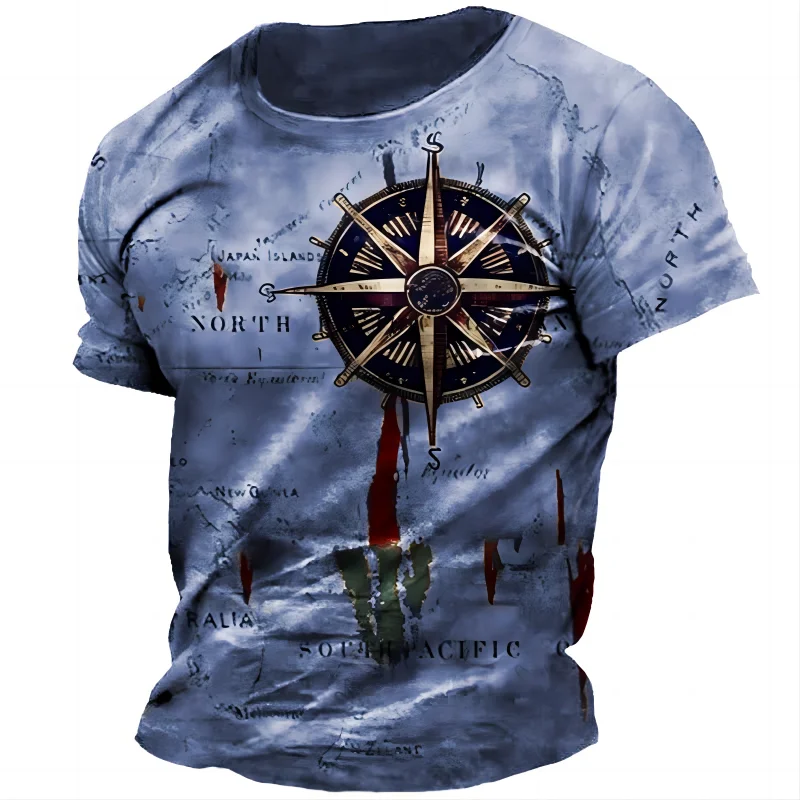 Vintage Men Clothing Nautical Map Compass Graphic T Shirts Summer Daily Loose Short Sleeve Casual Tees Unisex Clothing Apparel