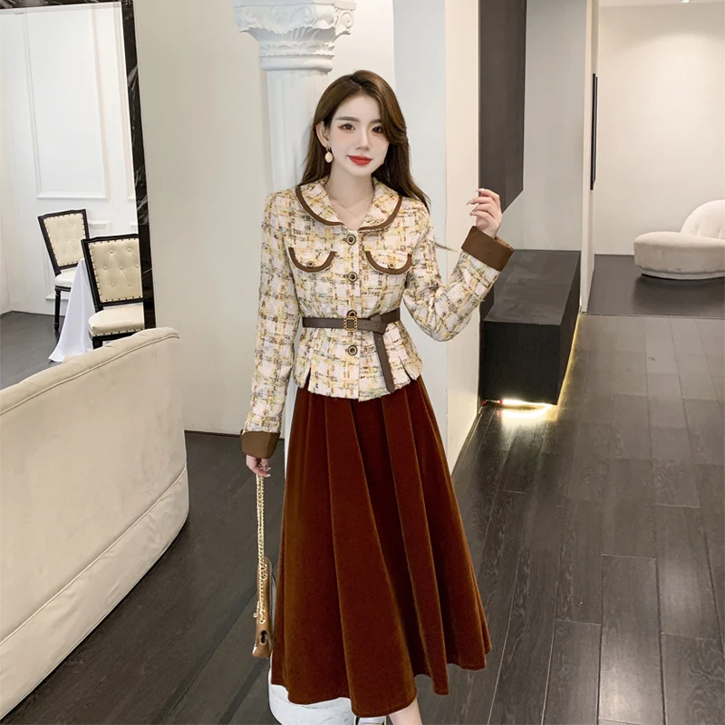 Alta qualità francese Vintage elegante due pezzi Set donna Plaid Tweed giacca cappotto + sottile velluto Midi gonna abiti ufficio Lady Outfit