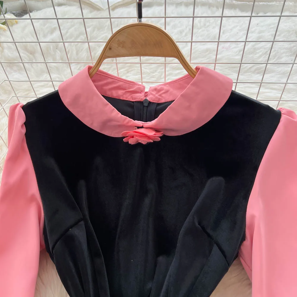 Chic vintage à manches longues faux deux pièces velours élégant fée mode coréenne automne femmes vêtements robe longue