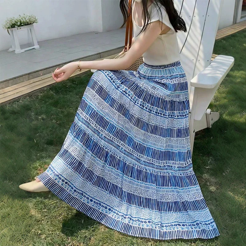 Elegant Floral Cotton Silk Half Skirt Spring Summer Loose Fit Asymmetrical Large Swing Skirt plus Size Casual mid Waist