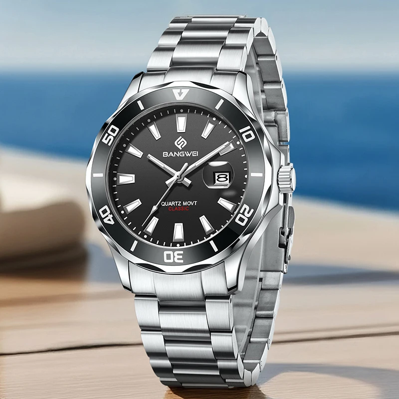 2025 BANGWEI Sports Men Quartz Wristwatches Stainless Steel Strong Luminous Watch Top Brand Luxury 30M Waterproof Watch For Men