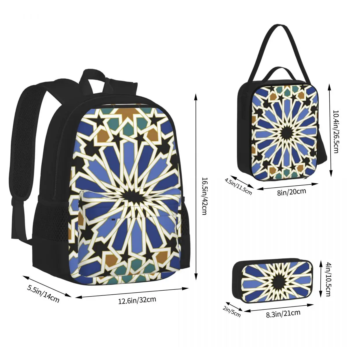 Arabic Tile I Backpacks Children Bookbag School Bags Rucksack Lunch Bag Pen Bag Three-Piece Set