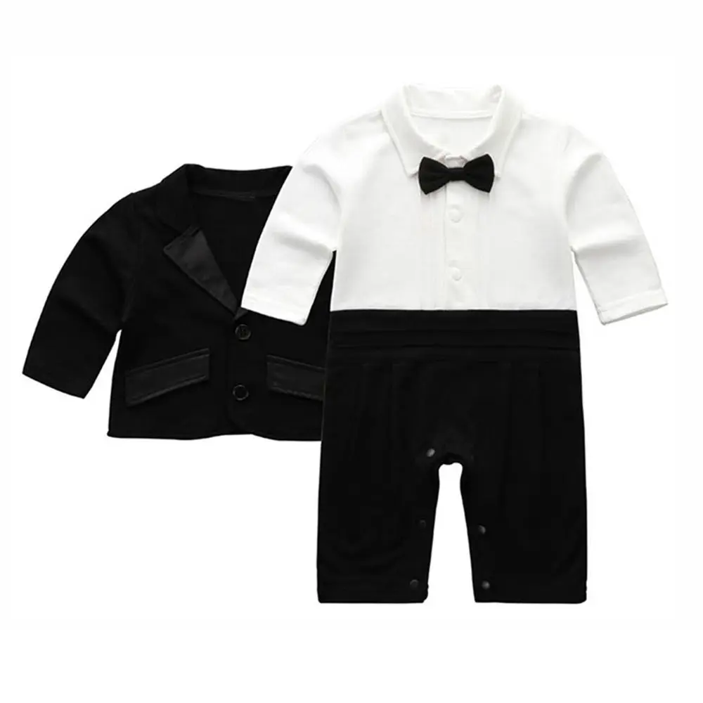 

2Pcs/Set Black Tuxedo Gentleman Boss Baby Clothes Striped Vest Bow Tie Toddler Romper Bodysuit Two-Piece Outfit Romper Bodysuit