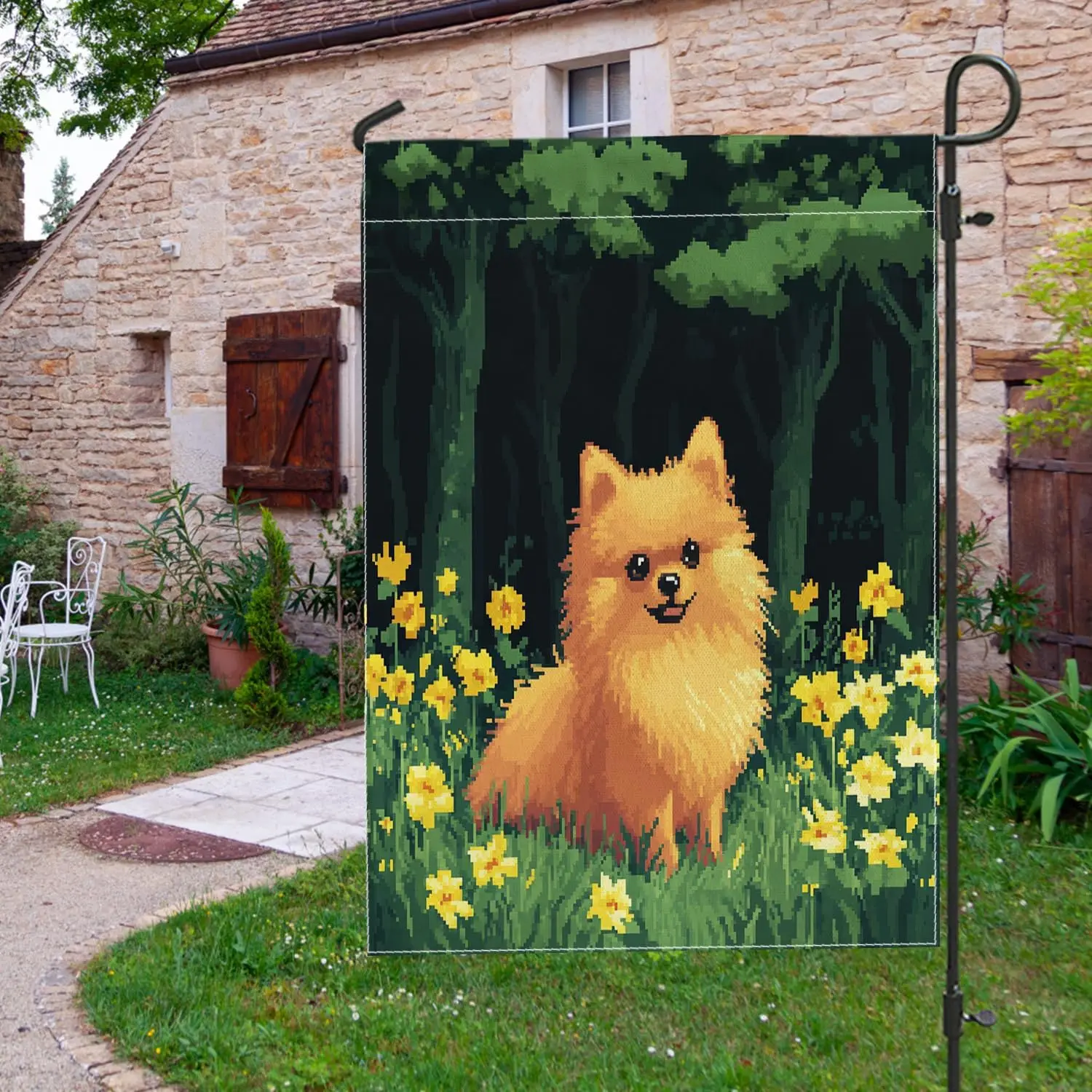Fun Pomeranian Dog Garden Flags 12x18 Inch for Outside, Spring Forest Pixel Chien Standard Vertical Linen Flags for House, P uui